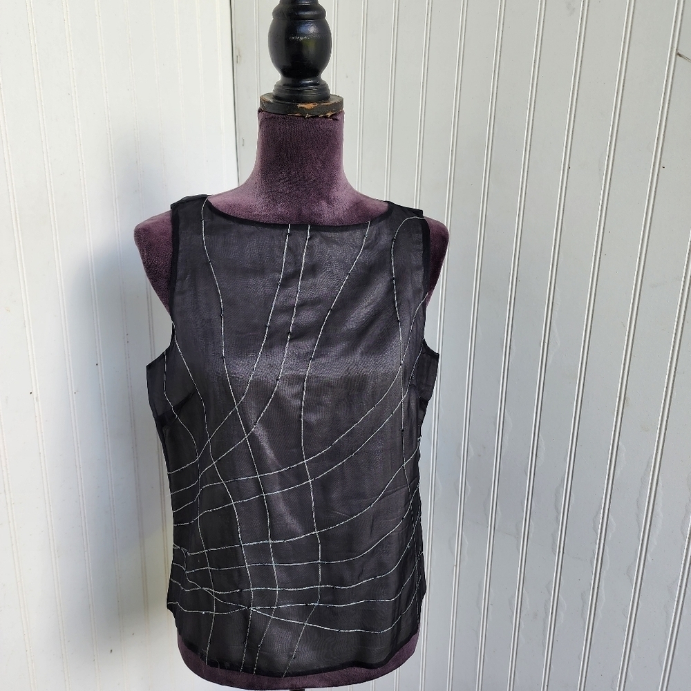 VTG Allyson Taylor 100% Silk Shirt Top Sleveless Button Up Black Beaded Sz 8